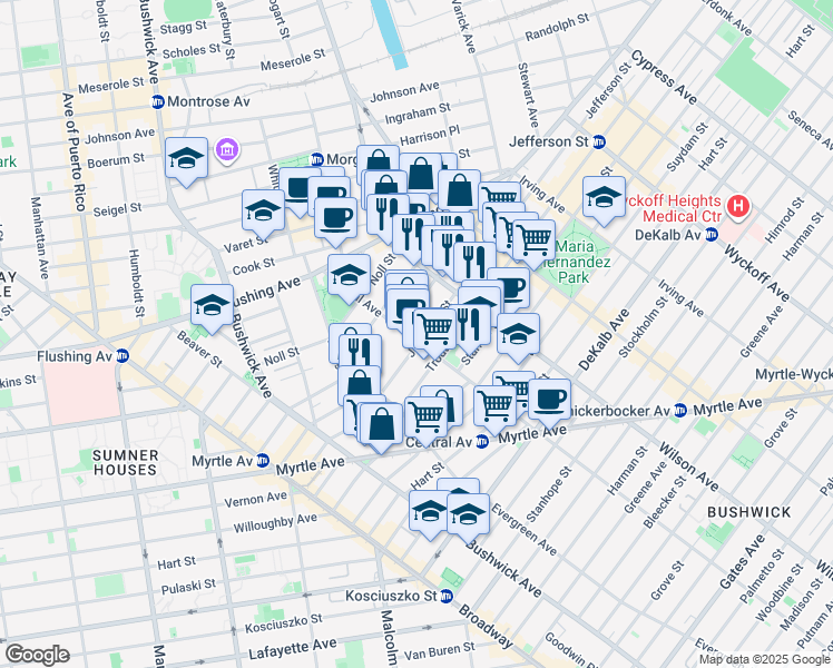 map of restaurants, bars, coffee shops, grocery stores, and more near 81 Central Avenue in Brooklyn