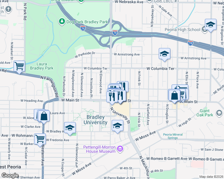 map of restaurants, bars, coffee shops, grocery stores, and more near 1026 North University Street in Peoria