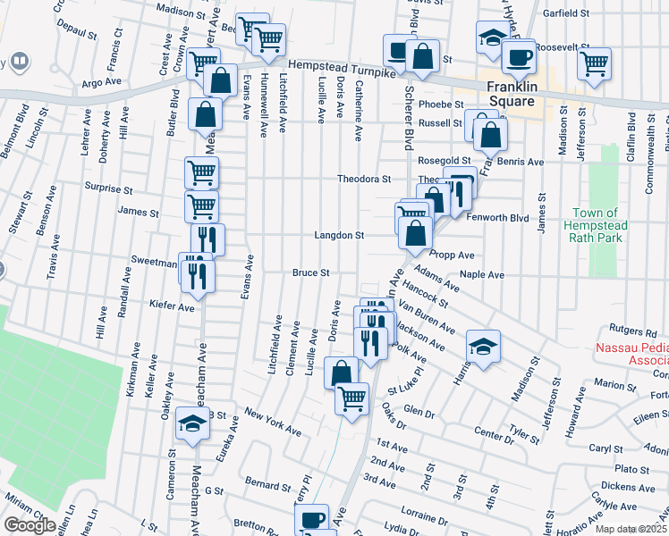 map of restaurants, bars, coffee shops, grocery stores, and more near 264 Doris Avenue in Franklin Square