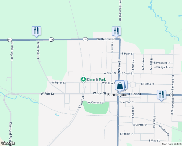 map of restaurants, bars, coffee shops, grocery stores, and more near North Oak Street in Farmington