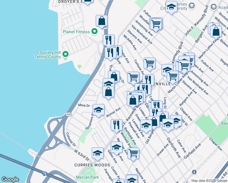 map of restaurants, bars, coffee shops, grocery stores, and more near 335 Lembeck Avenue in Jersey City
