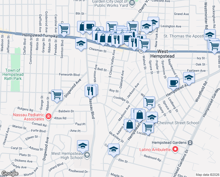 map of restaurants, bars, coffee shops, grocery stores, and more near 474 Roy Street in West Hempstead