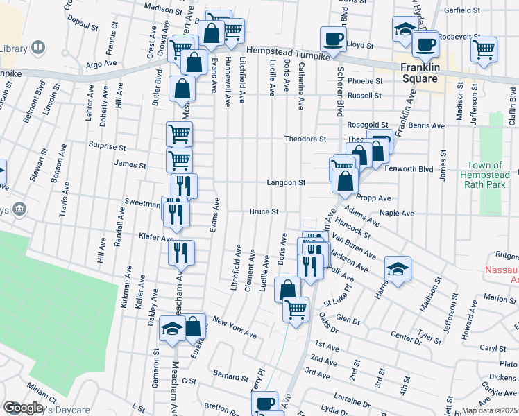 map of restaurants, bars, coffee shops, grocery stores, and more near 283 Clement Avenue in Elmont