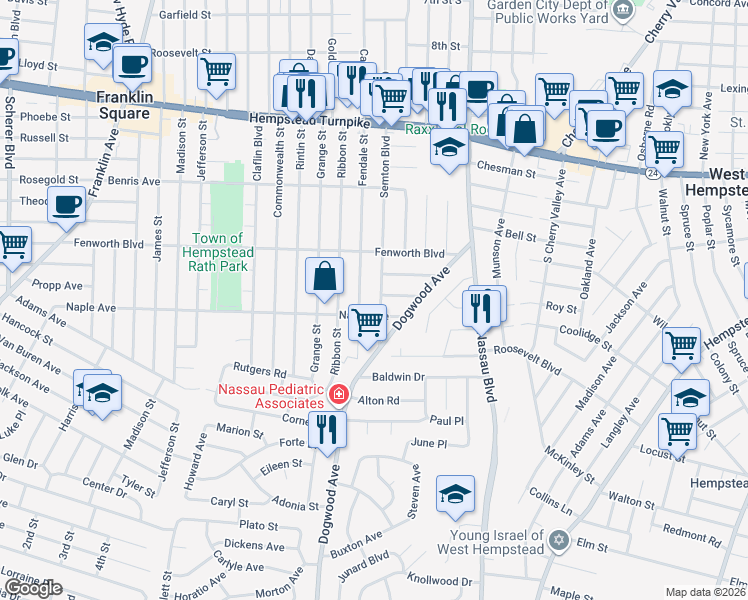 map of restaurants, bars, coffee shops, grocery stores, and more near 248 Semton Boulevard in Franklin Square