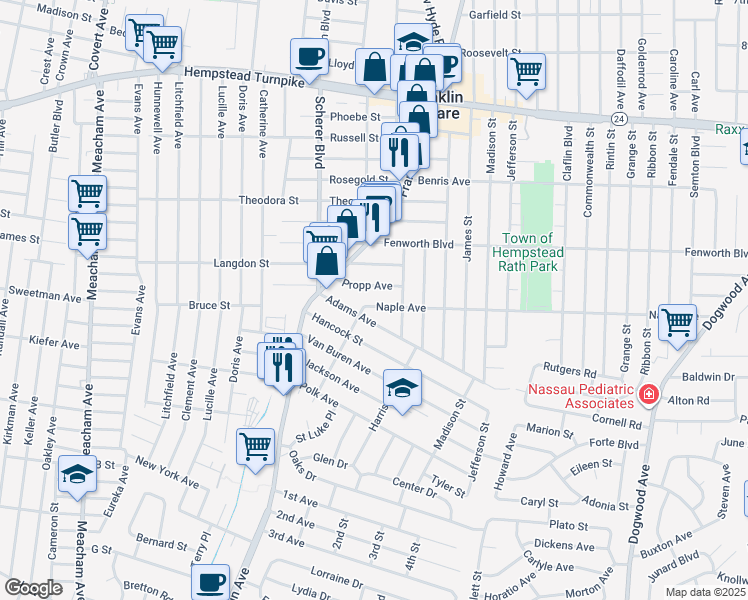 map of restaurants, bars, coffee shops, grocery stores, and more near 1028 Naple Avenue in Franklin Square