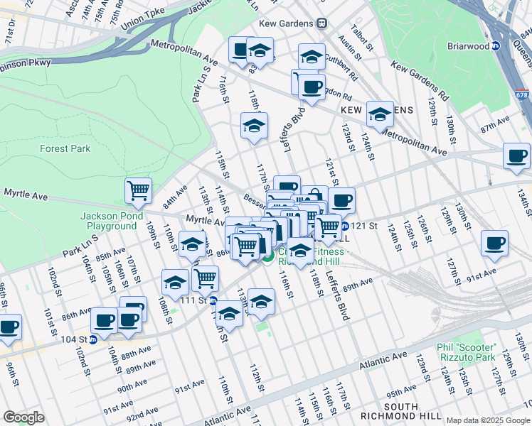 map of restaurants, bars, coffee shops, grocery stores, and more near 85-38 116th Street in Queens