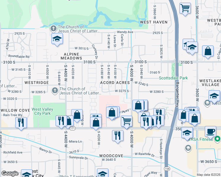 map of restaurants, bars, coffee shops, grocery stores, and more near 3279 South 4140 West in Salt Lake City