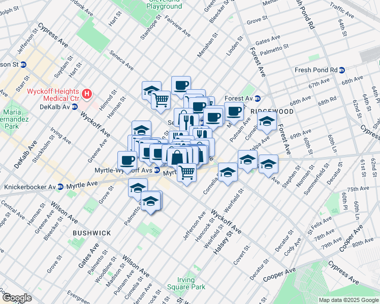 map of restaurants, bars, coffee shops, grocery stores, and more near 1645 Palmetto Street in Queens