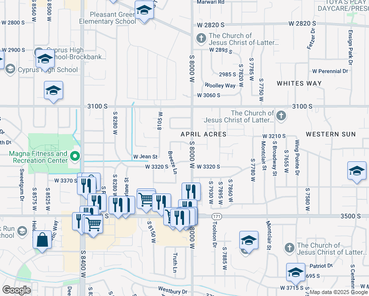 map of restaurants, bars, coffee shops, grocery stores, and more near 3293 South Gompers Circle in Magna