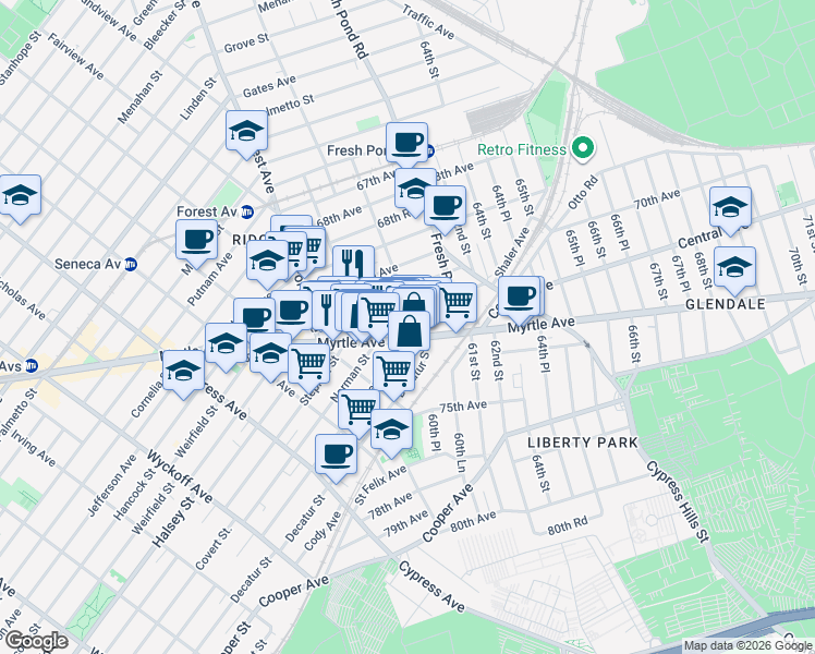 map of restaurants, bars, coffee shops, grocery stores, and more near 71-10 60th Lane in Queens
