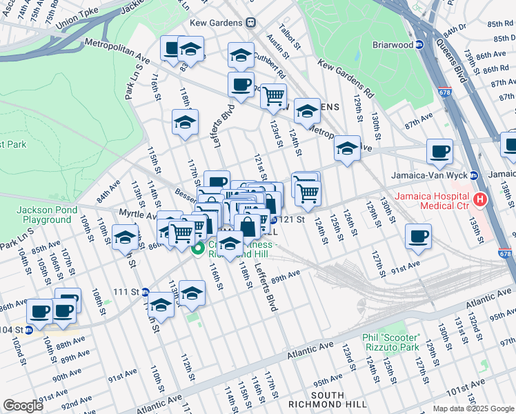 map of restaurants, bars, coffee shops, grocery stores, and more near 86-21 120th Street in Queens