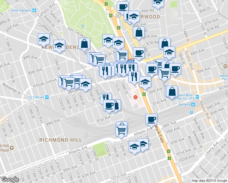 map of restaurants, bars, coffee shops, grocery stores, and more near 88-07 132nd Street in Queens