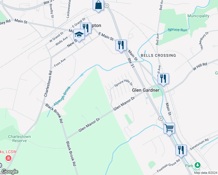 map of restaurants, bars, coffee shops, grocery stores, and more near 1804 Spruce Hills Drive in Glen Gardner