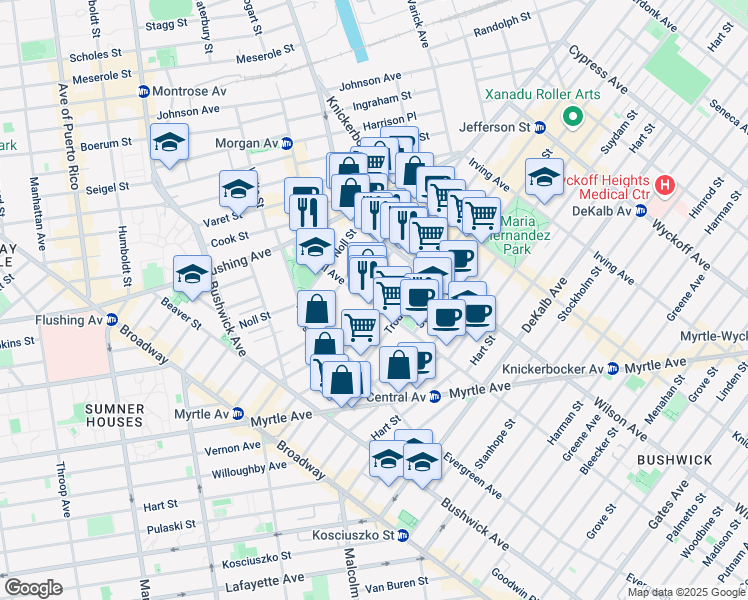 map of restaurants, bars, coffee shops, grocery stores, and more near 79 Central Avenue in Brooklyn
