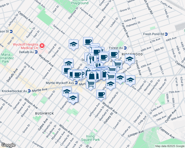map of restaurants, bars, coffee shops, grocery stores, and more near 1684 Woodbine Street in Queens