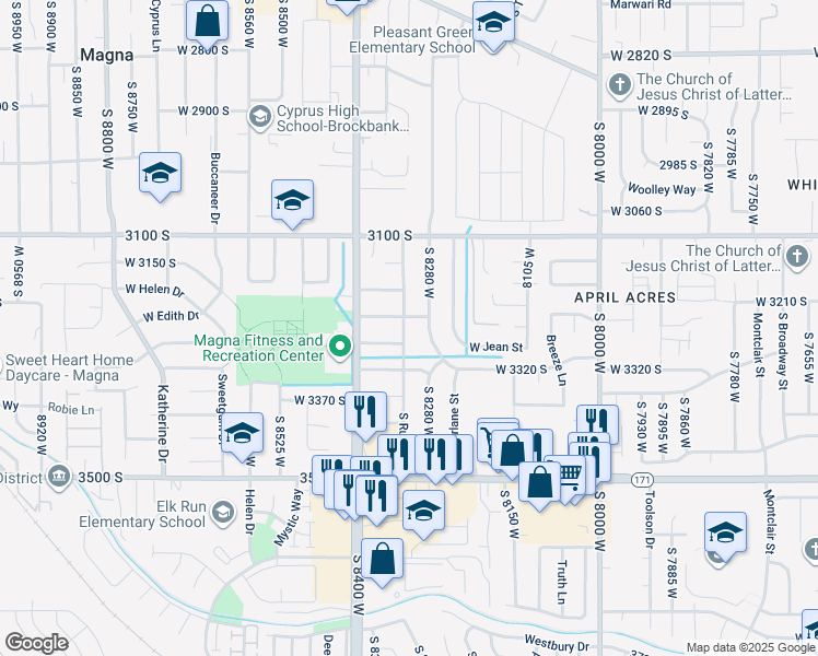map of restaurants, bars, coffee shops, grocery stores, and more near 3255 South Rulon Street in Magna