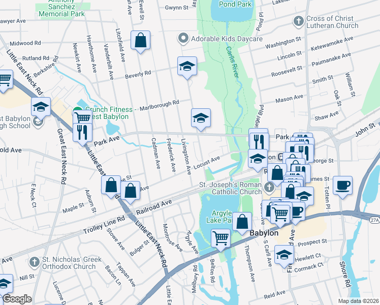 map of restaurants, bars, coffee shops, grocery stores, and more near 59 Livingston Avenue in Babylon
