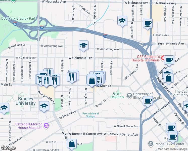 map of restaurants, bars, coffee shops, grocery stores, and more near 1100 North Sheridan Road in Peoria