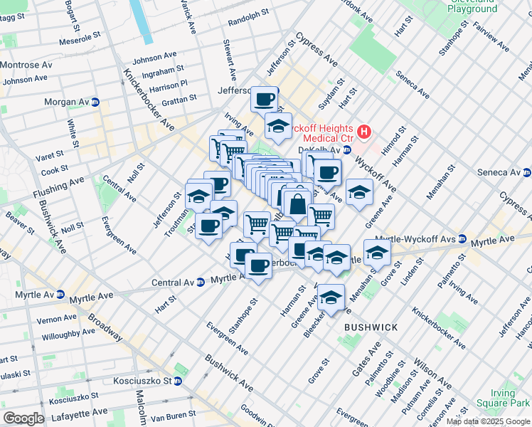 map of restaurants, bars, coffee shops, grocery stores, and more near 342 Knickerbocker Avenue in Brooklyn