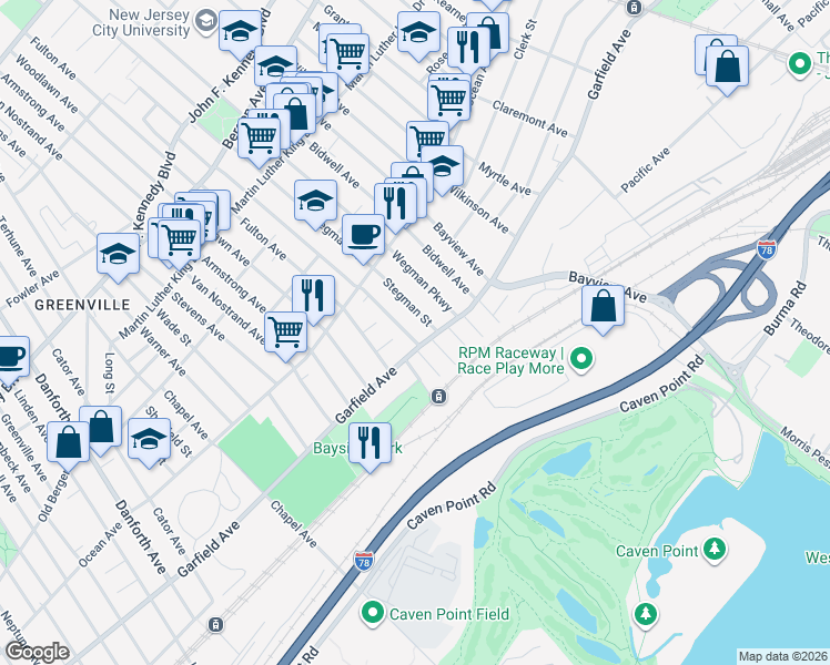 map of restaurants, bars, coffee shops, grocery stores, and more near 10 Dwight Street in Jersey City