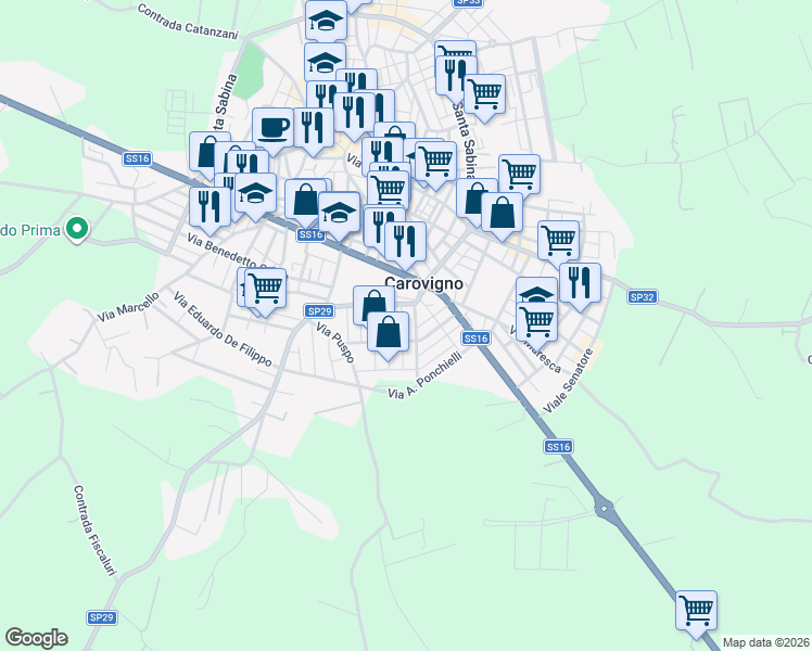 map of restaurants, bars, coffee shops, grocery stores, and more near 21 Via Saverio Mercadante in Carovigno