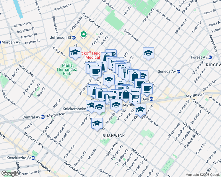 map of restaurants, bars, coffee shops, grocery stores, and more near 1395 Greene Avenue in Brooklyn