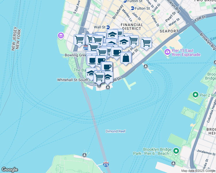 map of restaurants, bars, coffee shops, grocery stores, and more near 10 South Street in New York