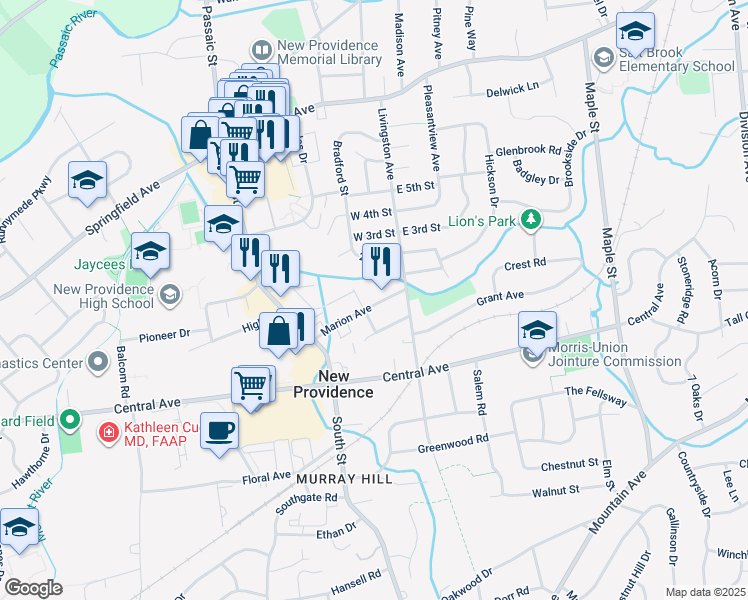 map of restaurants, bars, coffee shops, grocery stores, and more near 70 Marion Avenue in New Providence