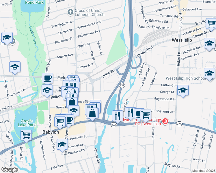 map of restaurants, bars, coffee shops, grocery stores, and more near 133 Whalers Cove Drive in Babylon