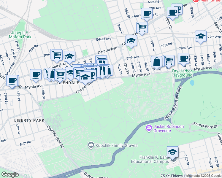 map of restaurants, bars, coffee shops, grocery stores, and more near 73-38 72nd Street in Queens