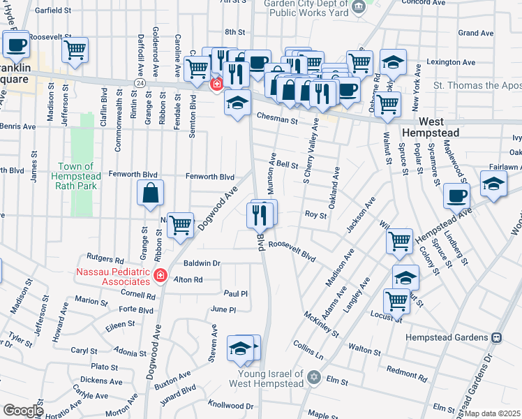 map of restaurants, bars, coffee shops, grocery stores, and more near 193 Nassau Boulevard in West Hempstead