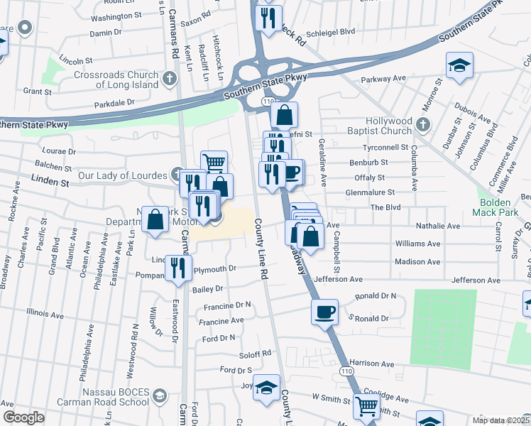 map of restaurants, bars, coffee shops, grocery stores, and more near 831 County Line Road in Amityville