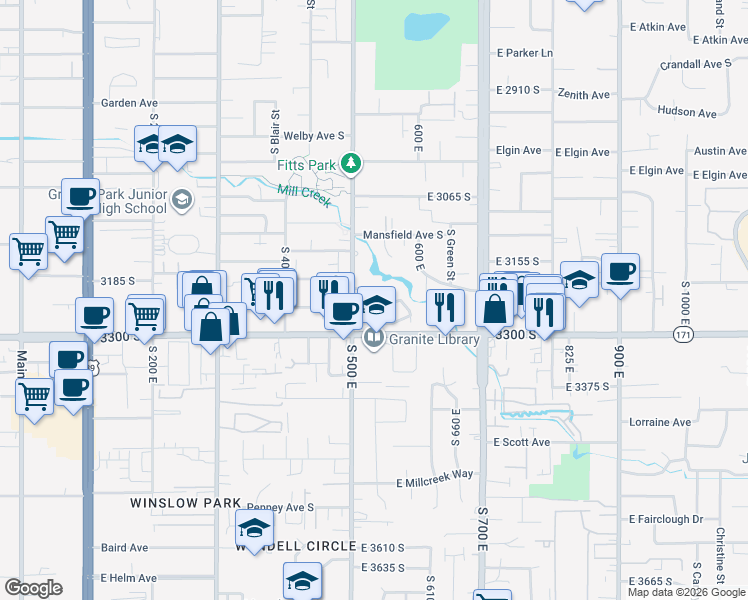 map of restaurants, bars, coffee shops, grocery stores, and more near 3210 South 540 East in South Salt Lake