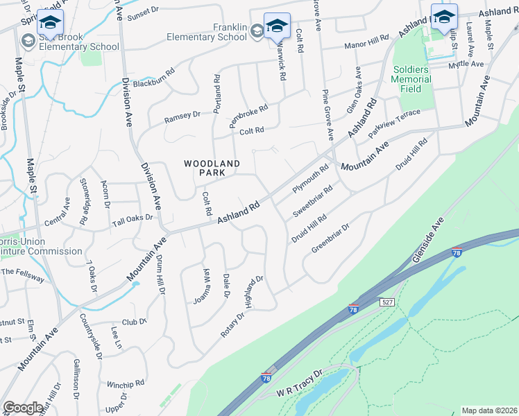 map of restaurants, bars, coffee shops, grocery stores, and more near 256 Ashland Road in Summit