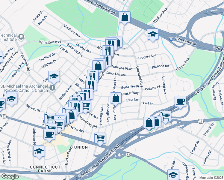 map of restaurants, bars, coffee shops, grocery stores, and more near 1295 Oxford Lane in Union