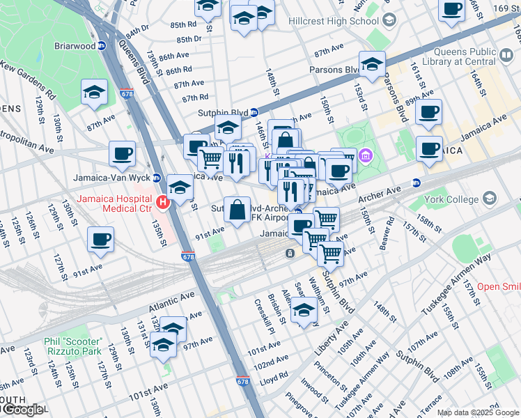 map of restaurants, bars, coffee shops, grocery stores, and more near 90-40 144th Place in Queens