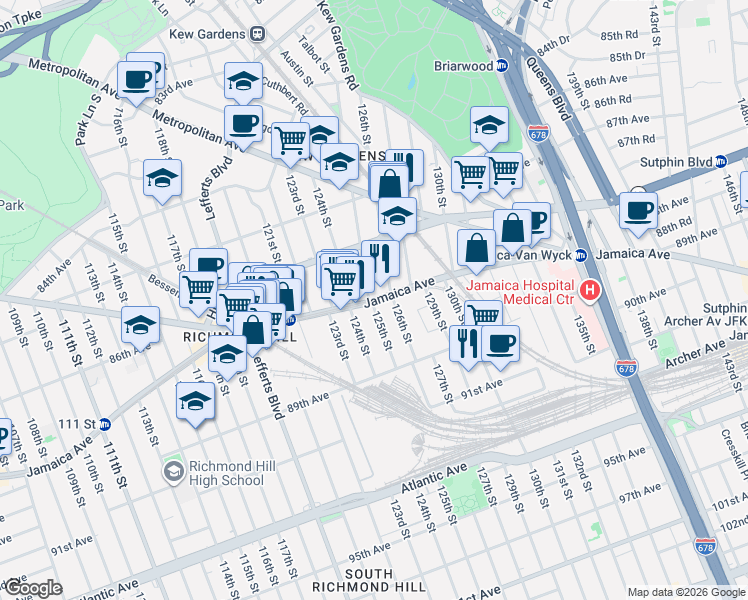 map of restaurants, bars, coffee shops, grocery stores, and more near 125-3 Jamaica Avenue in Queens