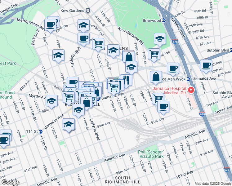 map of restaurants, bars, coffee shops, grocery stores, and more near 123-15 Jamaica Avenue in Queens