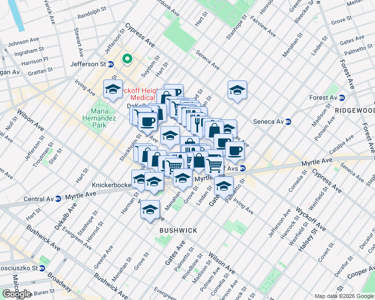 map of restaurants, bars, coffee shops, grocery stores, and more near 1395 Greene Avenue in Brooklyn