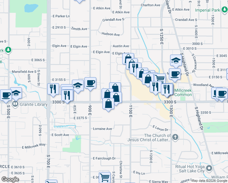 map of restaurants, bars, coffee shops, grocery stores, and more near 3235 South 1000 East in Millcreek