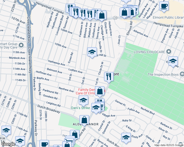 map of restaurants, bars, coffee shops, grocery stores, and more near 65 Ludlam Avenue in Elmont