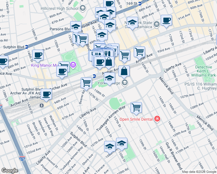 map of restaurants, bars, coffee shops, grocery stores, and more near 94-50 159th Street in Queens