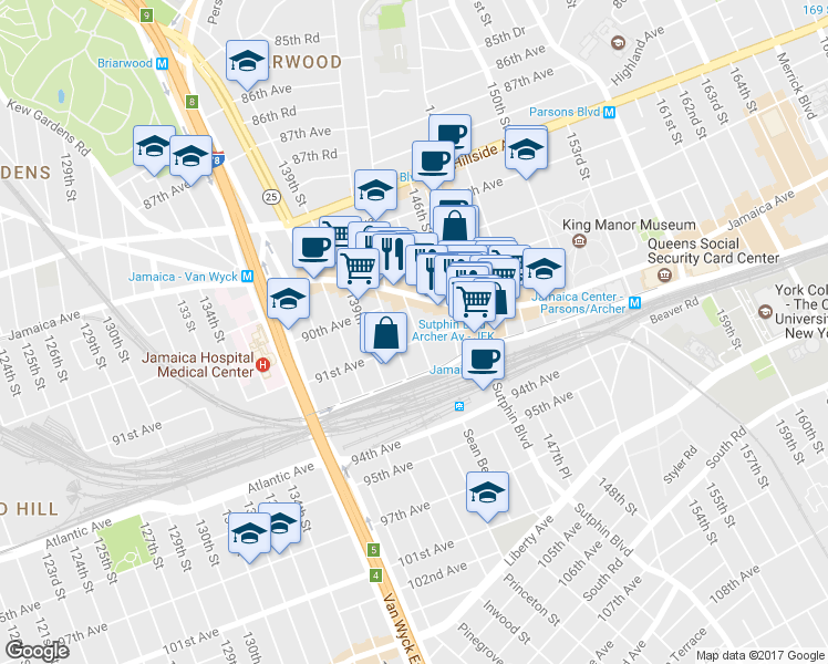 map of restaurants, bars, coffee shops, grocery stores, and more near 90-40 144th Place in Queens
