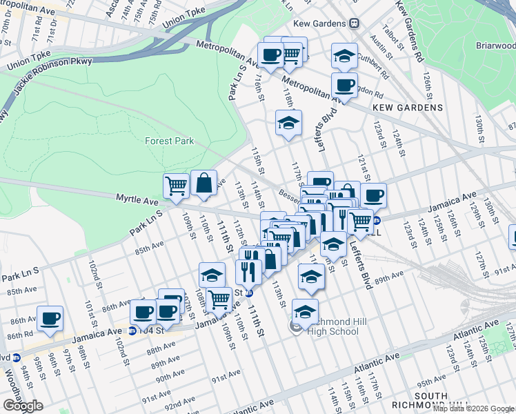 map of restaurants, bars, coffee shops, grocery stores, and more near 85-25 114th Street in Queens