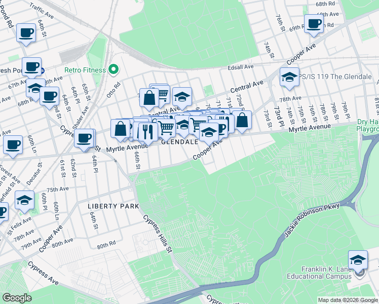 map of restaurants, bars, coffee shops, grocery stores, and more near in Queens