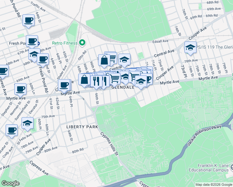 map of restaurants, bars, coffee shops, grocery stores, and more near 72-18 67th Place in Queens