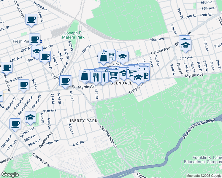 map of restaurants, bars, coffee shops, grocery stores, and more near 72-18 67th Place in Queens