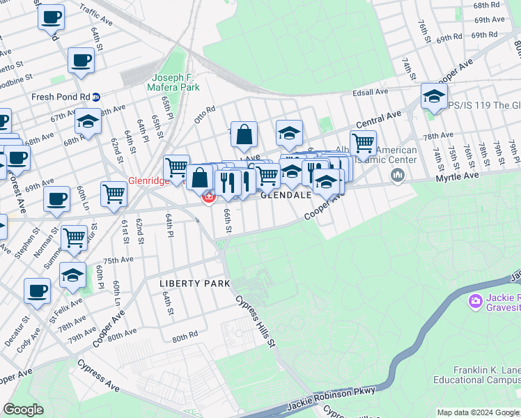 map of restaurants, bars, coffee shops, grocery stores, and more near 72-18 67th Place in Queens