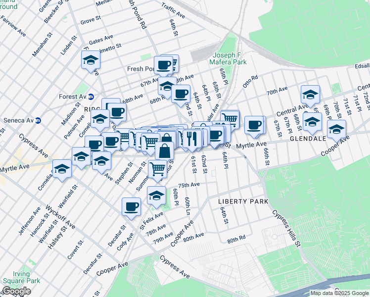 map of restaurants, bars, coffee shops, grocery stores, and more near 6101 Myrtle Avenue in Queens