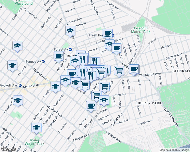 map of restaurants, bars, coffee shops, grocery stores, and more near 59-21 71st Avenue in Queens